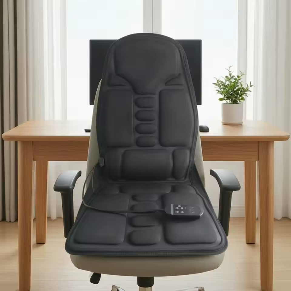 Avenwell heated massage cushion fitted on an office chair at a desk