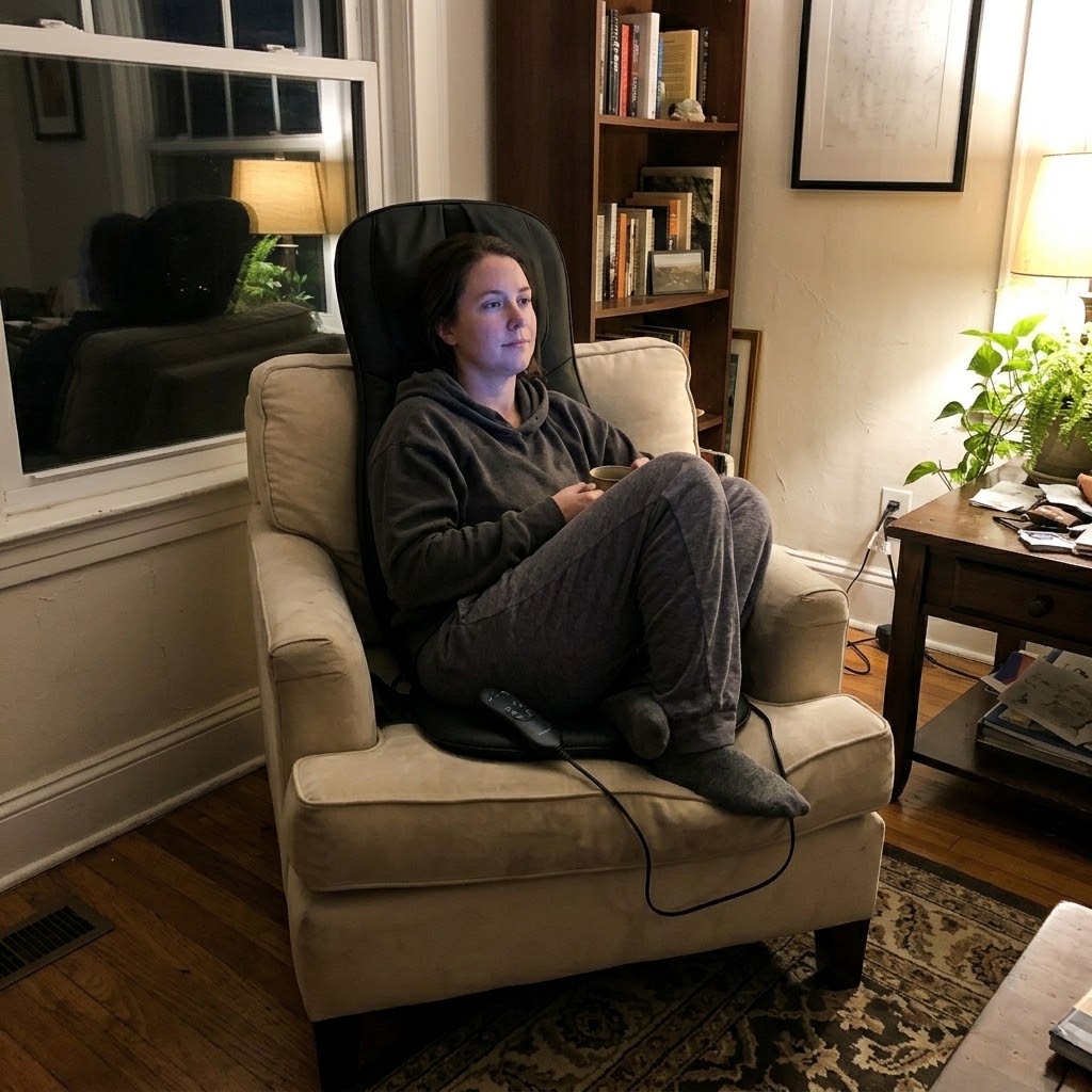 Woman relaxing in an armchair with the cushion in the evening